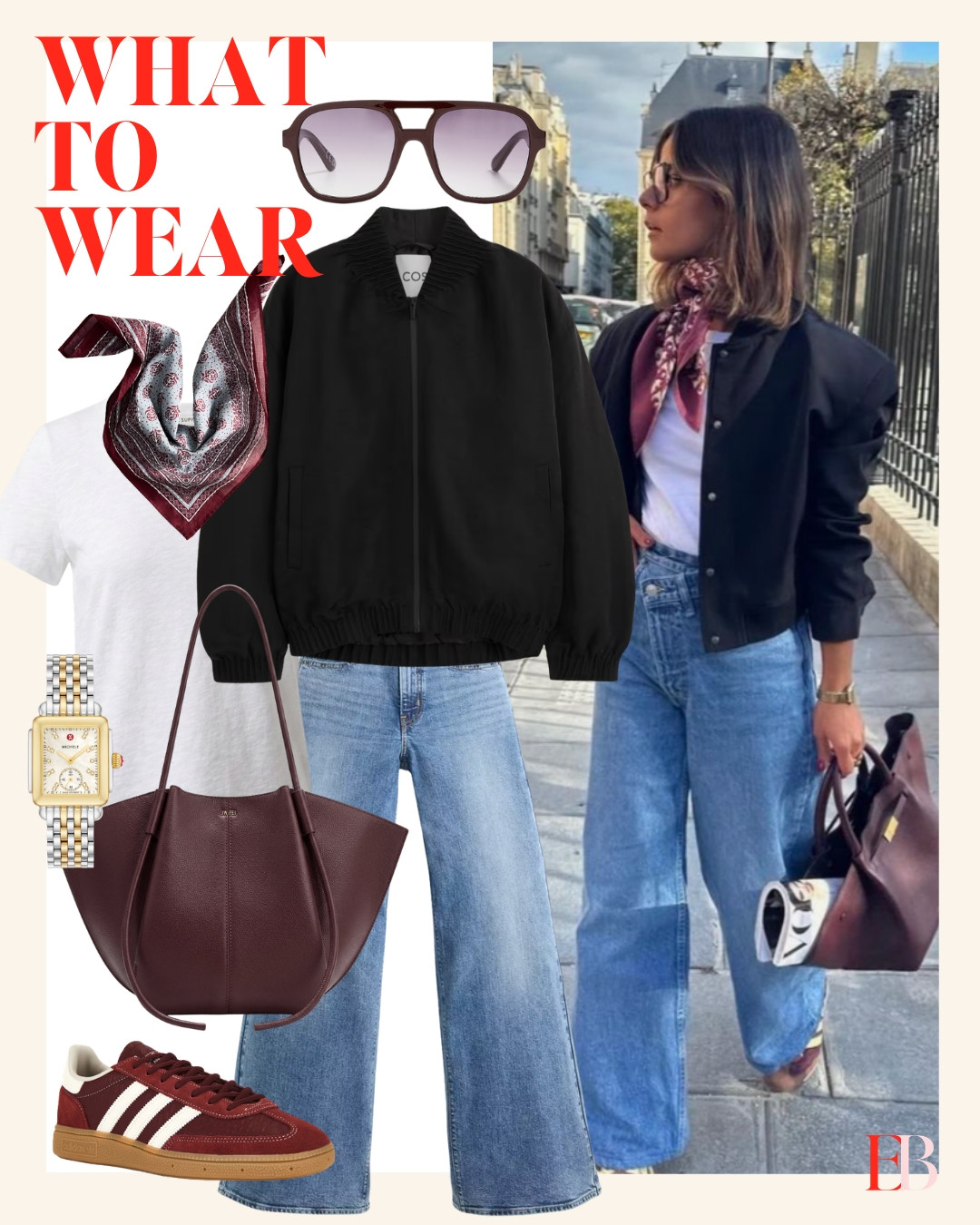 Fall is coming and this is exactly how I'm easing into it. 🖤 Black bomber, wide-leg denim, and a pop of burgundy through the bag, scarf, and sneakers. Effortless but not boring — that's the goal every time. P.S. I just saw the Levi's are on sale right now!  

 #LTKgrwm #LTKootd #LTKmomlife
