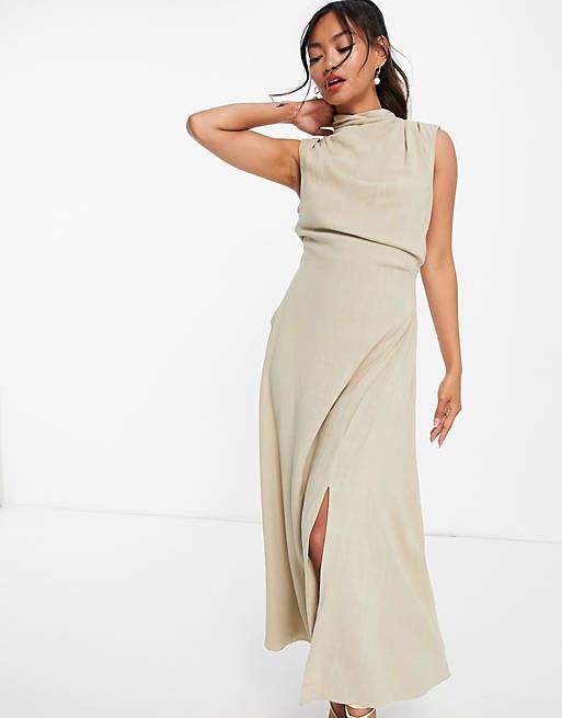 ASOS DESIGN sleeveless cowl neck midi dress with open back in linen in neutral | ASOS (Global)