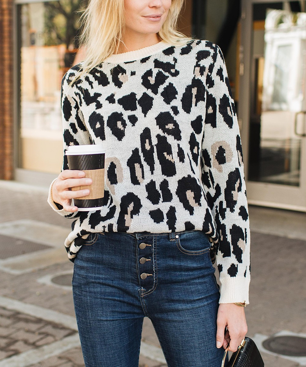 Amaryllis Women's Pullover Sweaters LEOPARD - Cream Leopard Sweater - Plus | Zulily