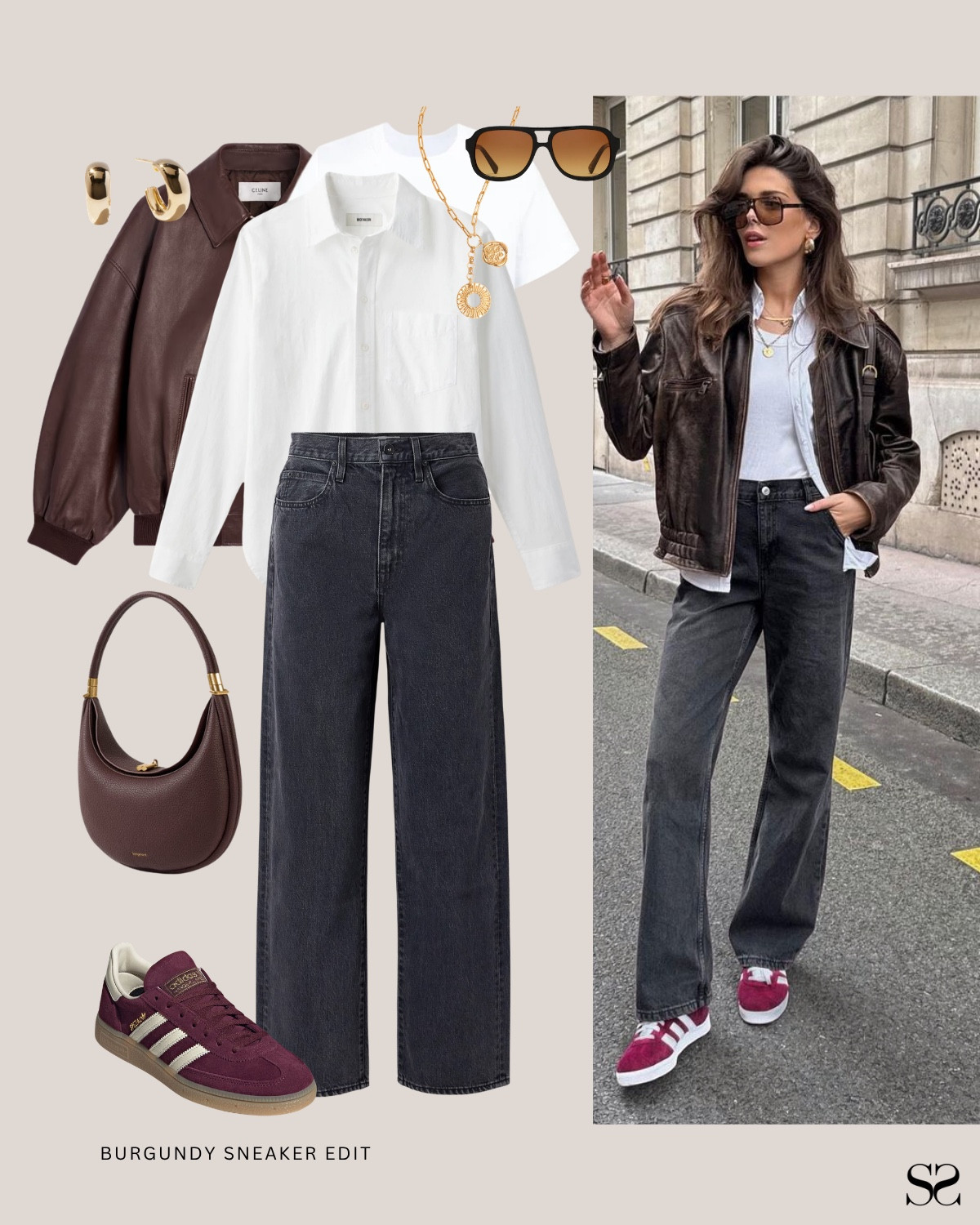 Ways to style burgundy sneakers: go tonal. 

White button down, dark wash jeans, burgundy/brown leather jacket, Adidas sneakers.

#LTKootd #LTKgrwm