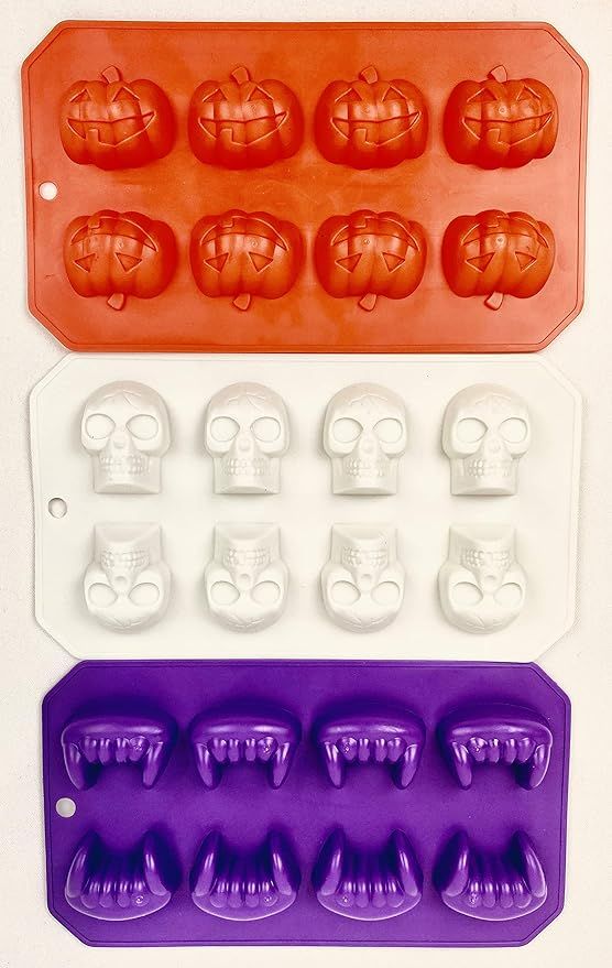 Halloween Fall themed Set of 3 Ice cube trays, candy mold, jello shot skull/fang/pumpkin shapes | Amazon (US)