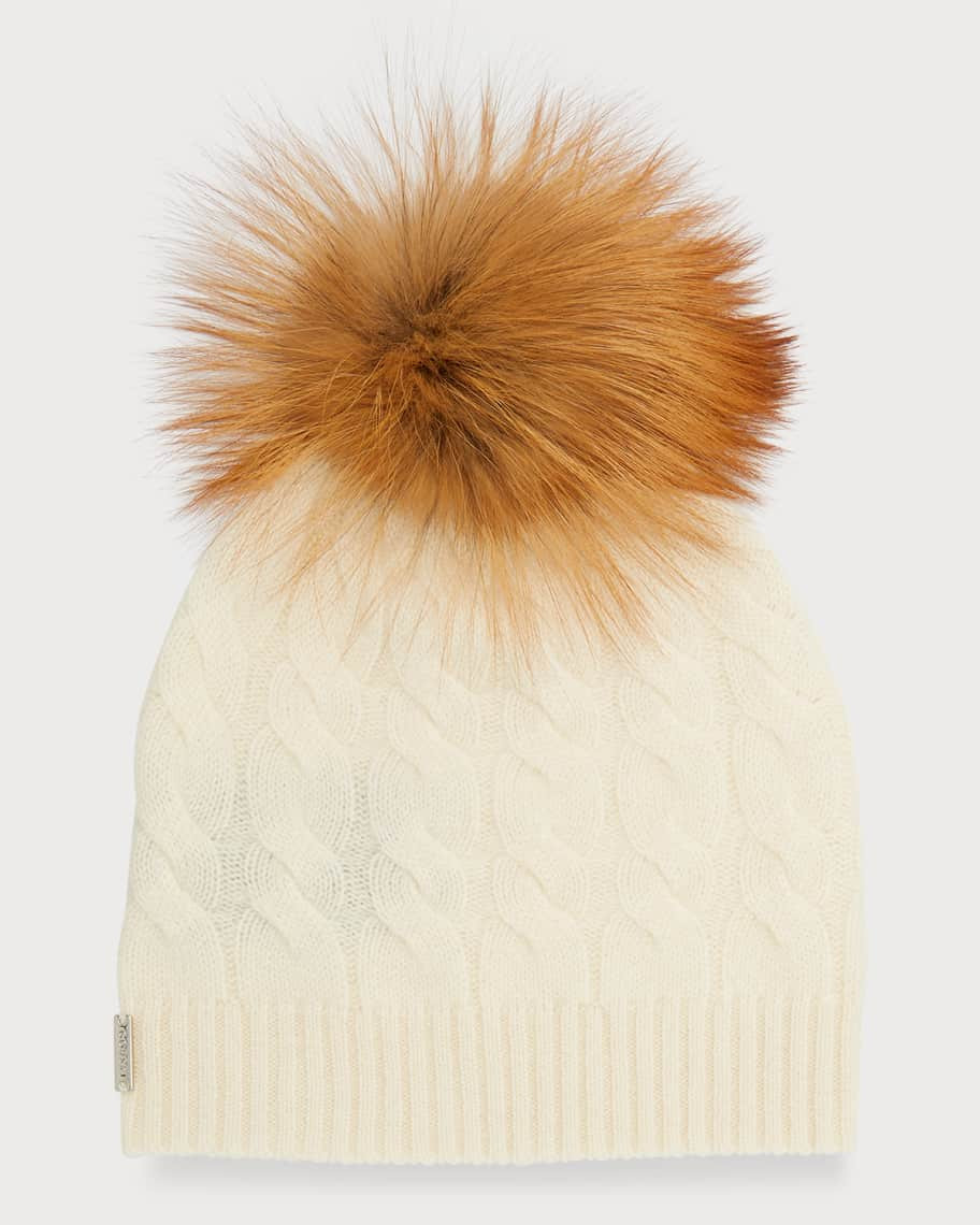 Gorski Cashmere Cable-Knit Beanie with Fur Pompom | Neiman Marcus