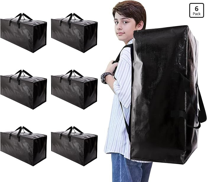 Heavy Duty Moving Bags with Backpack Straps and Strong Handles, Alternative to Moving Boxes and Storage Totes for Dorm Room Essentials, 6 Pack, Black | Amazon (US)