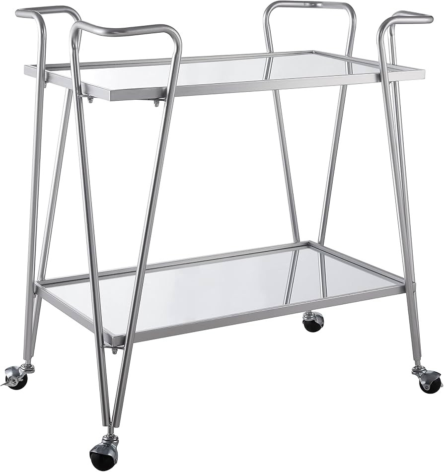 Linon Gina Silver Mid Century Bar Cart with Mirrored Shelves on Locking Castors | Amazon (US)