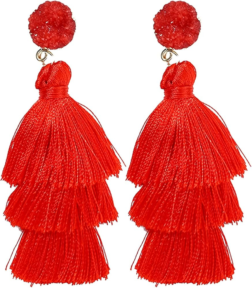Rave Envy Colorful Tassel Earrings for Women - Layered Tassle Earrings - Choice of Color | Amazon (US)