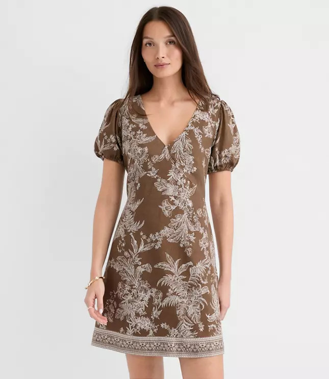 Floral Toile Linen Blend Puff Sleeve Mini Dress | LOFT