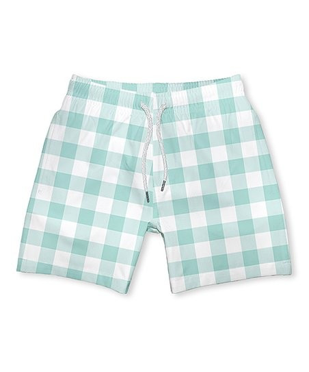 White & Mint Gingham Swim Trunks - Infant, Toddler & Boys | Zulily