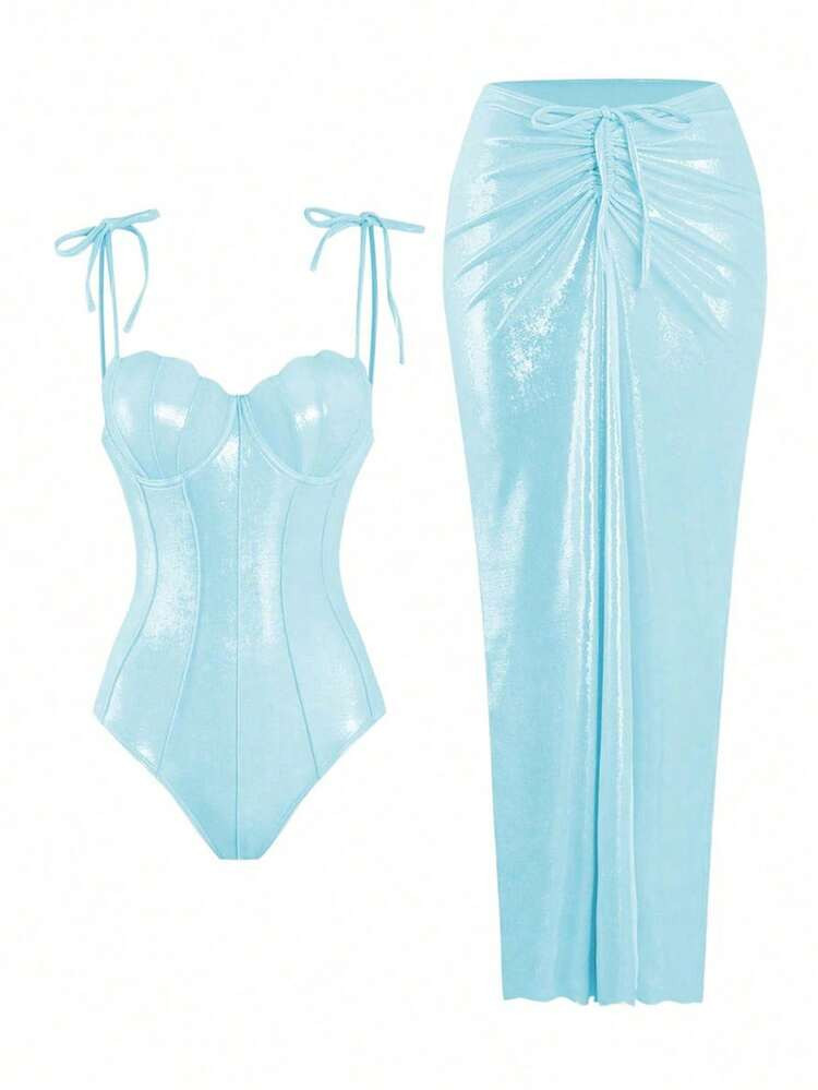 Swim Oasis 2pcs Shiny Fabric Shell Pattern Push Up Bandeau Tankini Swimsuit For Women, Summer | SHEIN