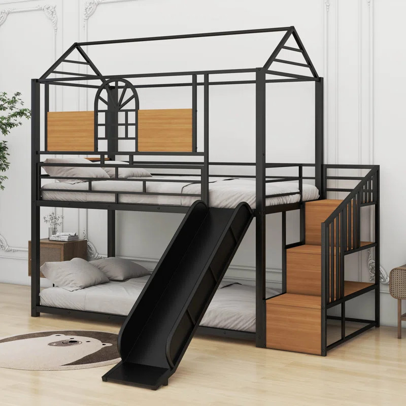 Kawamura Twin Over Twin Metal Bunk Bed  House Style With Slide And Storage Stair | Wayfair North America