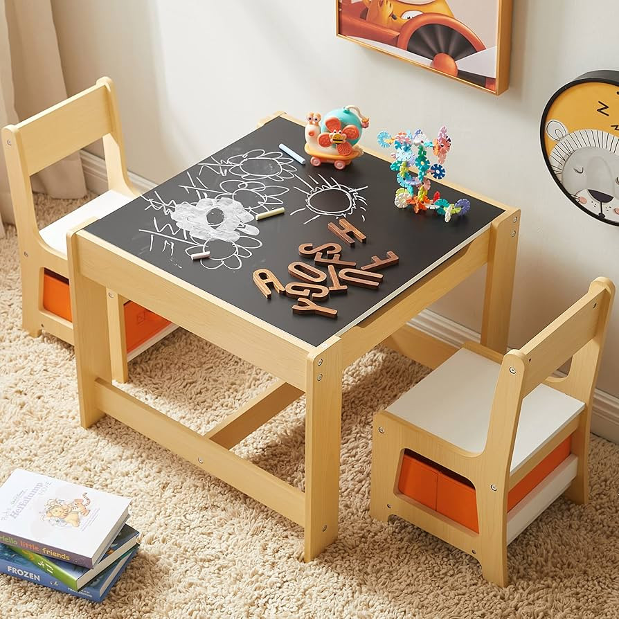 Kids Table and Chair Set, 3 in 1 Wooden Activity Table with Storage Drawer for Toddlers Drawing, ... | Amazon (US)