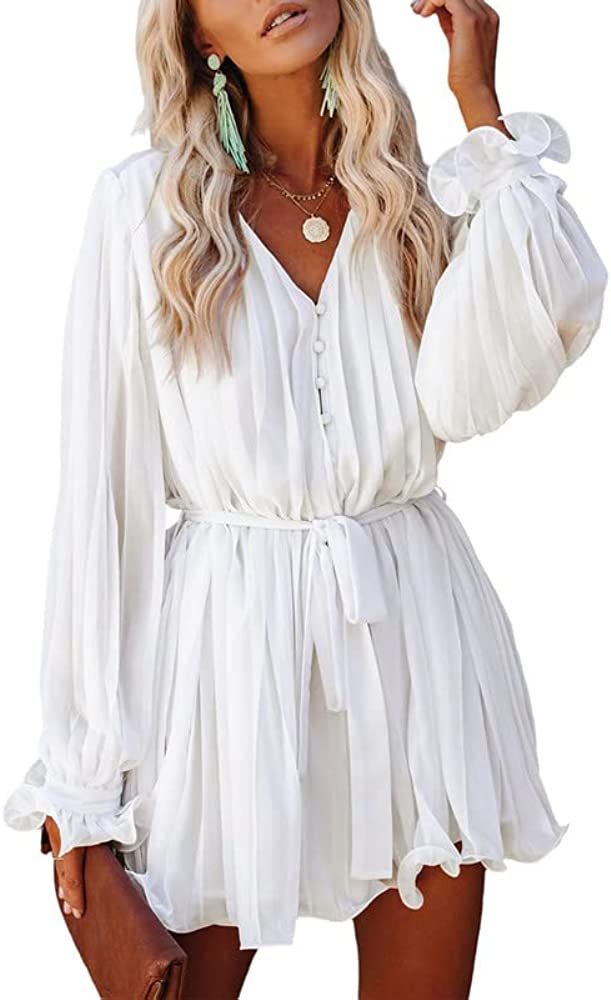 Dokotoo Womens 2023 Summer Buttons V Neck Tie Waist Flared Pleated Drape Long Sleeve Rompers Jumpsui | Amazon (US)