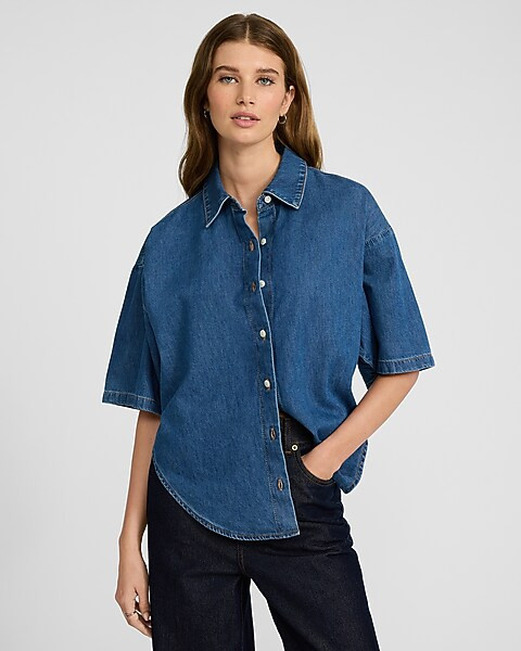Medium Wash Denim Short Sleeve Boyfriend Shirt | Express