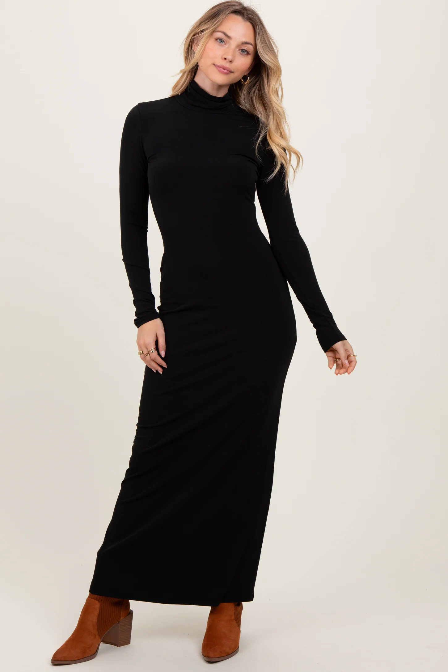 Black Turtleneck Long Sleeve Fitted Maxi Dress | PinkBlush Maternity