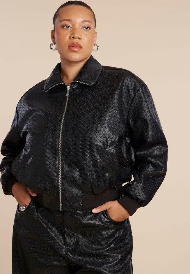 Basket Weave Faux Leather Bomber Jacket | Eloquii