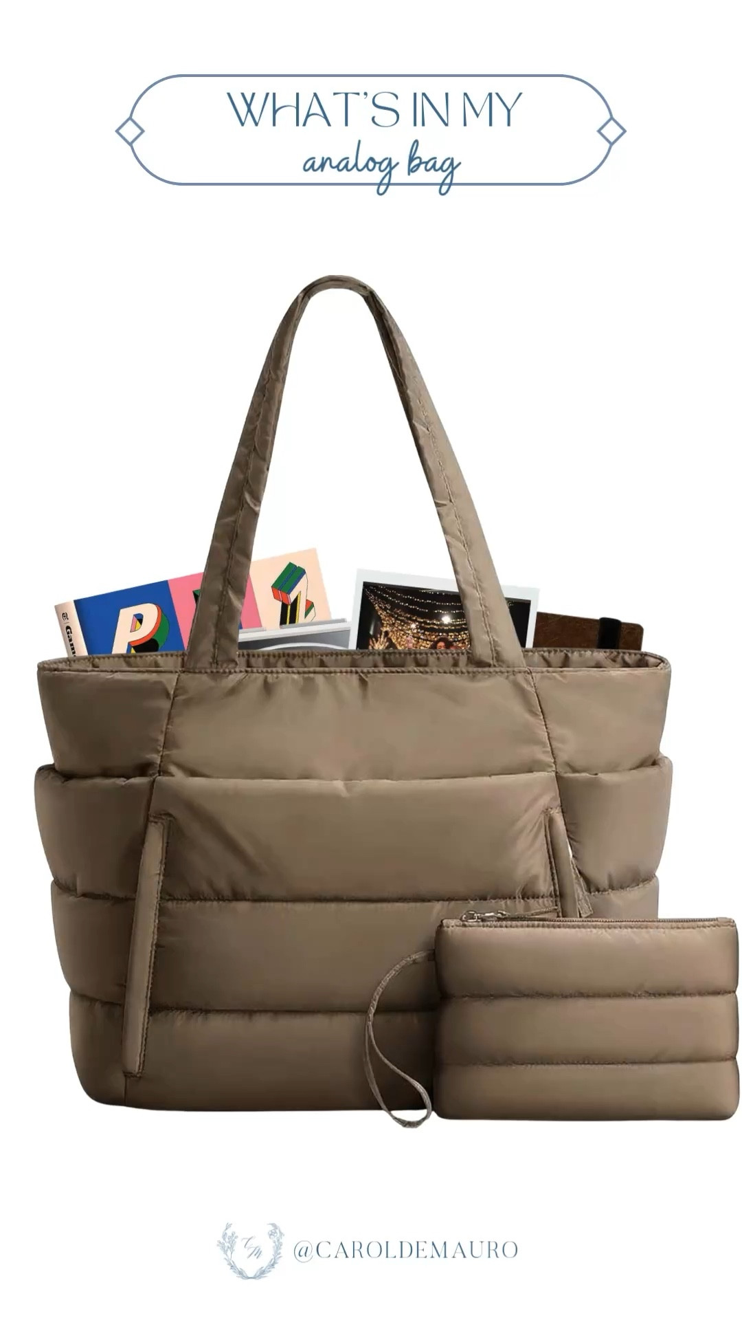 Another analog bag request! Here's what's inside my cute puffer tote: wired earphones & music player, an Instax camera, a mini watercolor painting kit, and The New York Times' game book.

amazon finds, 2026 trend, pamper time, vacation essentials, tote bag, journaling, tech gadgets, book recommendation, murdle, analog hobbies

#LTKSeasonal #LTKSpringSale #LTKU