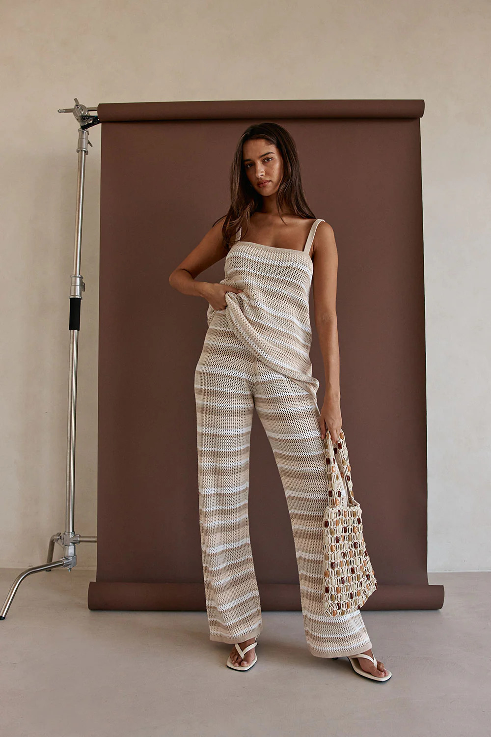 Beige Stripe Cotton Knit High Waist Ruby Pants | Sabo Skirt US