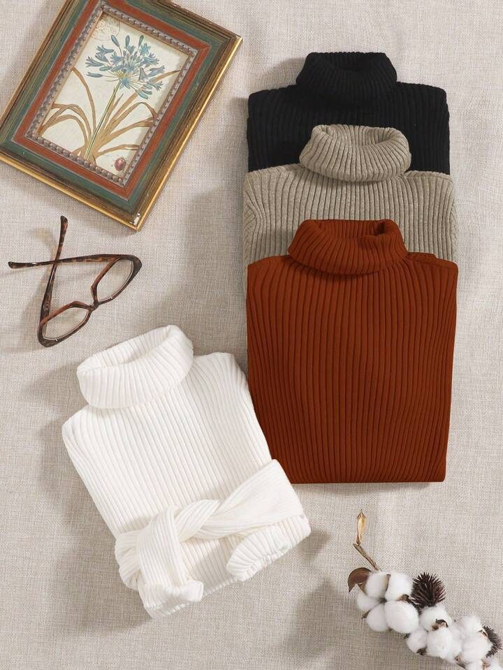 SHEIN Unity 4pcs Solid Turtleneck Ribbed Knit Sweater | SHEIN