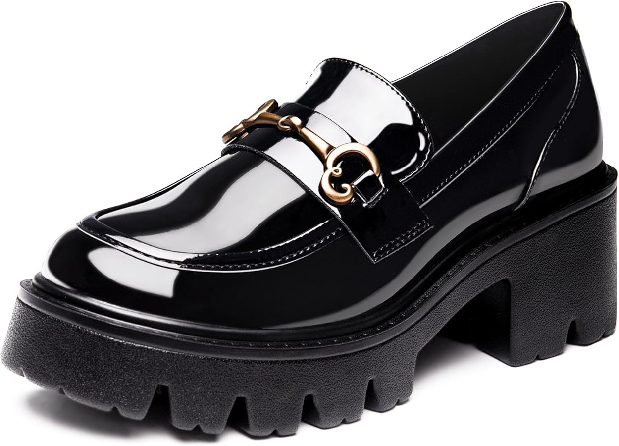 Black Platform Loafers for Women - Women's Slip-On Leather Loafers, Chunky Comfort Shoes for Work... | Amazon (US)