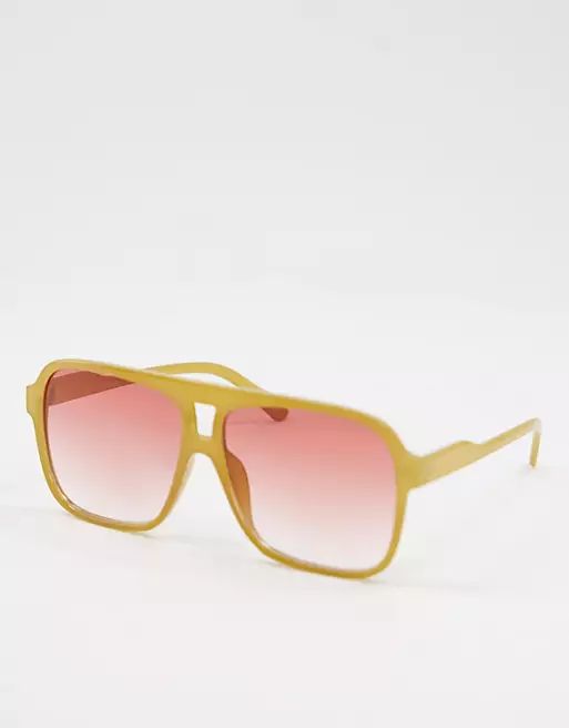 ASOS DESIGN recycled frame aviator sunglasses in brown with pink lens | ASOS (Global)