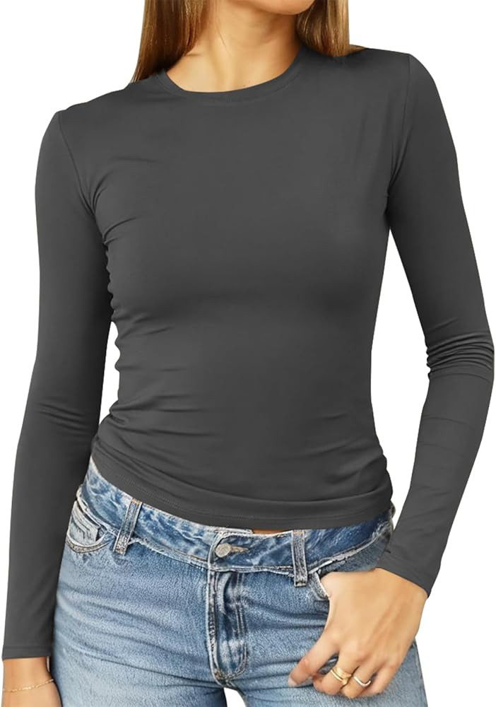 Abardsion Women's Long Sleeve Shirts Spring 2025 Casual Basic Going Out Crop Tops Slim Fit Tight ... | Amazon (US)