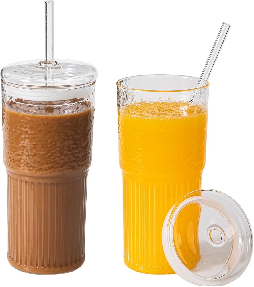 2 Packs 20 oz Glass Cups with Lids and Straws, Glass Coffee Tumbler, Tumbler Water Glass, Water B... | Amazon (US)