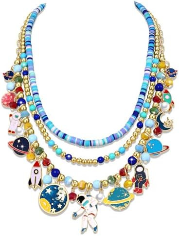 Space Charm Layered Necklace Funny Blue Universe Astronaut Rocket Planet Moon Stars Celestial Exp... | Amazon (US)