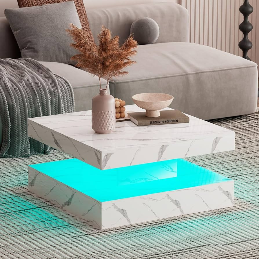 White Marble LED Coffee Table for Living Room, Living Room Table 2-Tier Square Middle Center Tabl... | Amazon (US)