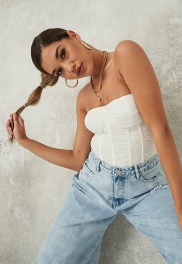 Tall White Mesh Ruched Corset Bodysuit | Missguided (US & CA)