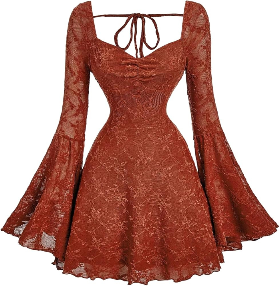 WDIRARA Women's Floral Jacquard Mesh Gothic Dress Bell Long Sleeve A Line Vintage Dresses | Amazon (US)