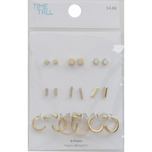 Time and Tru 9 Pack Gold and Neutral Stud and Hoop Earring Set ofr Women | Walmart (US)