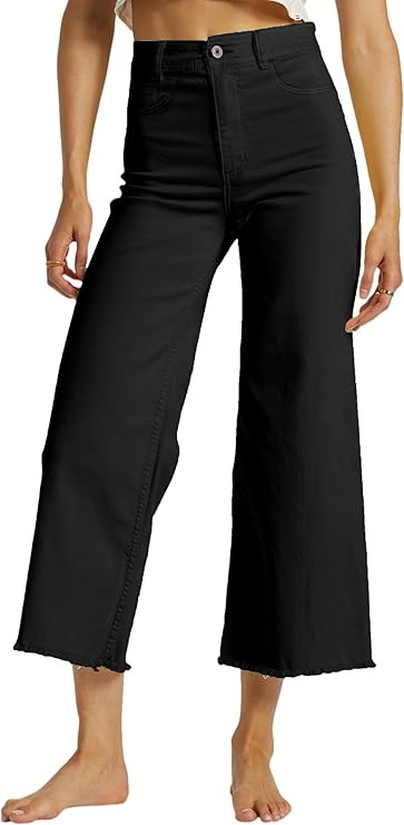 Allimy Women's High Waisted Straight Ankle Wide Leg Ripped Jeans Frayed Hem Stretchy Capri Denim ... | Amazon (US)