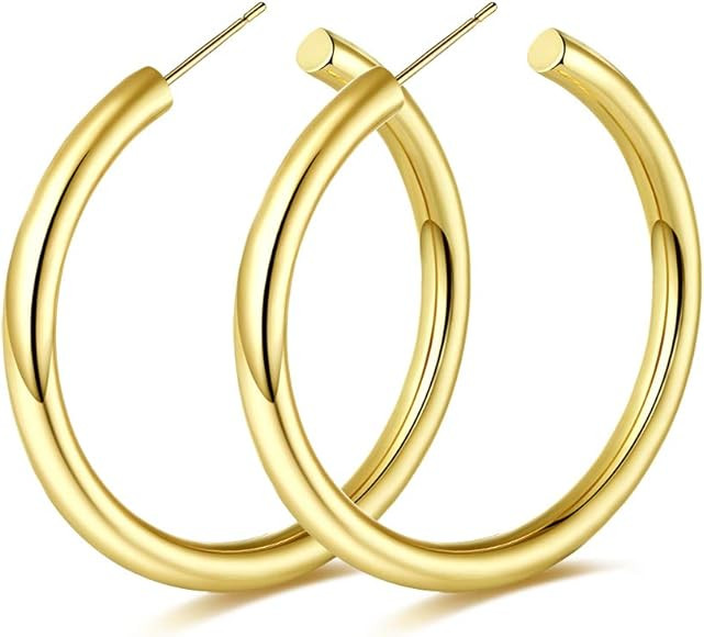 Gold Hoop Earrings Lightweight Chunky Open Hoops High Polished Thick Tube Hypoallergenic Gold Loo... | Amazon (US)