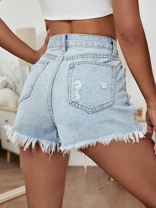 Women's Raw Hem High Waist Denim Shorts with Pocket | Amazon (US)