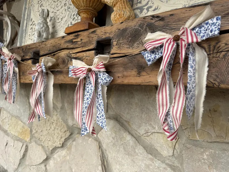 Floral Shabby Colonial 4th of July Bow Garland | Patriotic Fabric Banner | Americana Cottagecore ... | Etsy (Global)