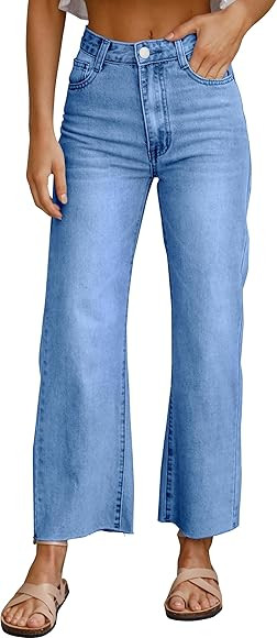 PLNOTME Women High Waisted Baggy Jeans Straight Leg Raw Hem Casual Denim Pants Light Blue | Amazon (US)
