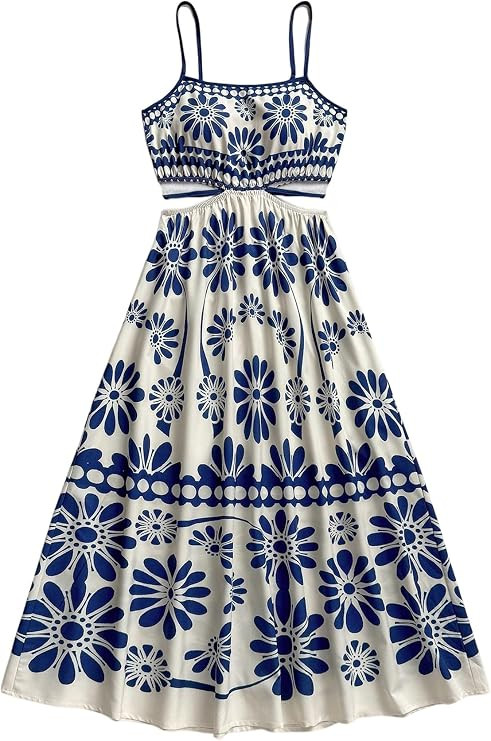 OYOANGLE Women's Floral Midi Cami Dress Cut Out Spaghetti Strap Ruffle A Line Boho Sundress | Amazon (US)