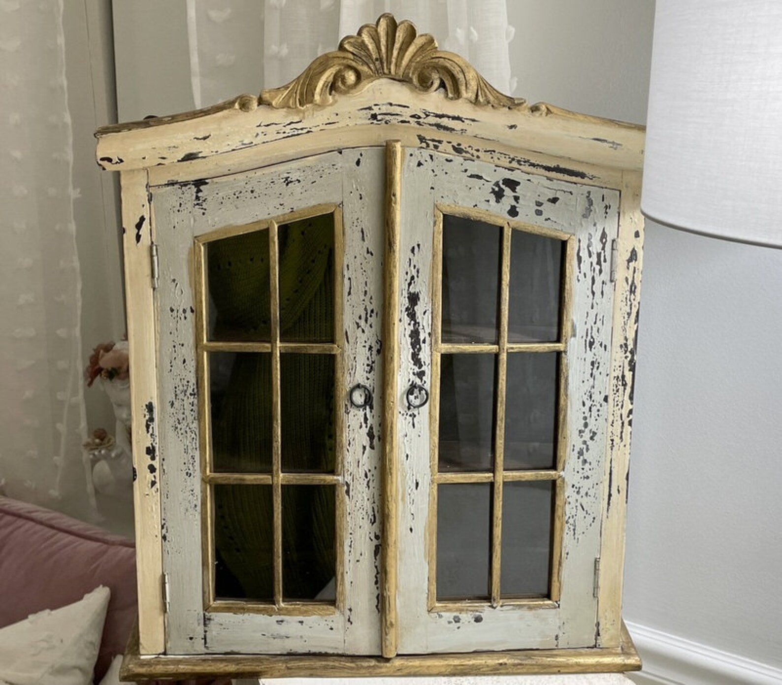 Antique Chippy Display Cabinet Glass Doors Weathered Wall curio Vintage Farmhouse Wood Cabinet ta... | Etsy (US)