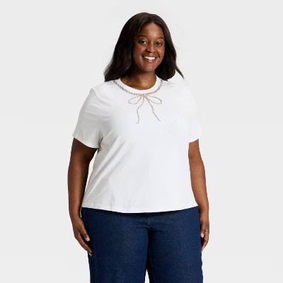 Women's Embellished T-Shirt - A New Day™ White XXL | Target