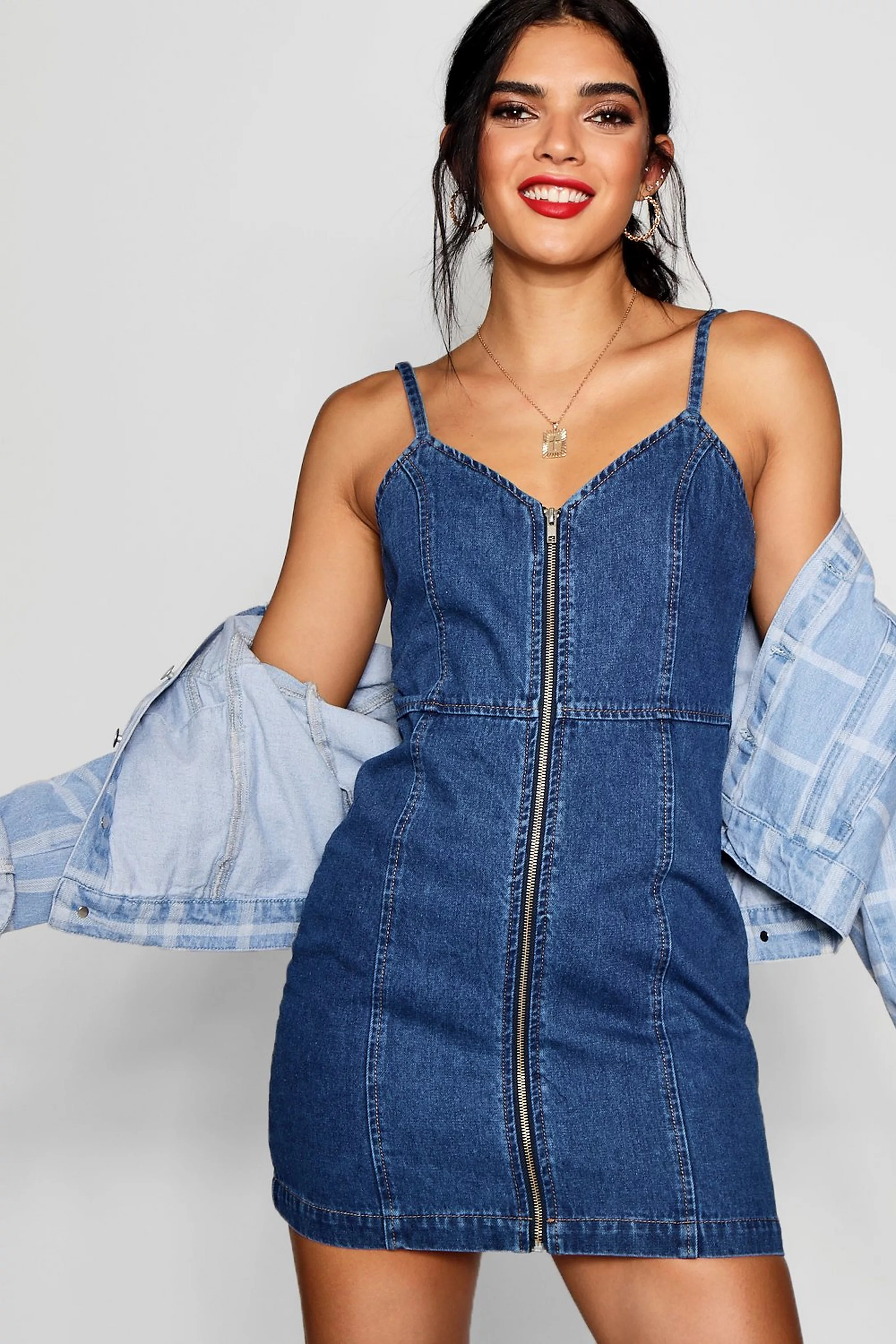 Zip Front Strappy Denim Dress | Boohoo.com (UK & IE)