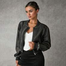 Women's Spring And Autumn Solid Color Long Sleeve Casual Baseball Jacket Fall Women Clothes Jacket Halloween Customs Women Leather Jacket Winter Wome | SHEIN