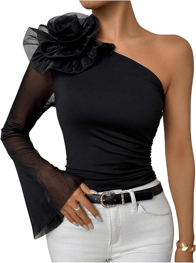 Women's 3D Flower Asymmetrical Neck T Shirts Flared Sleeve Mesh Tee Tops | Amazon (US)