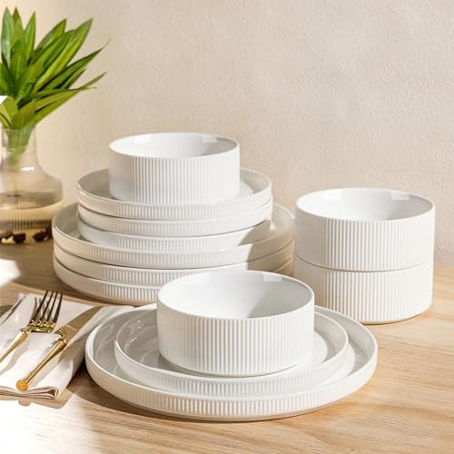 TheTerra Ceramic Dinnerware Sets for 4, 12 Pieces Porcelain Lightweight Plates and Bowls Sets, Scratch Resistant Dish Set, Oven & Microwave & Dishwasher Safe, Bright White | Amazon (US)