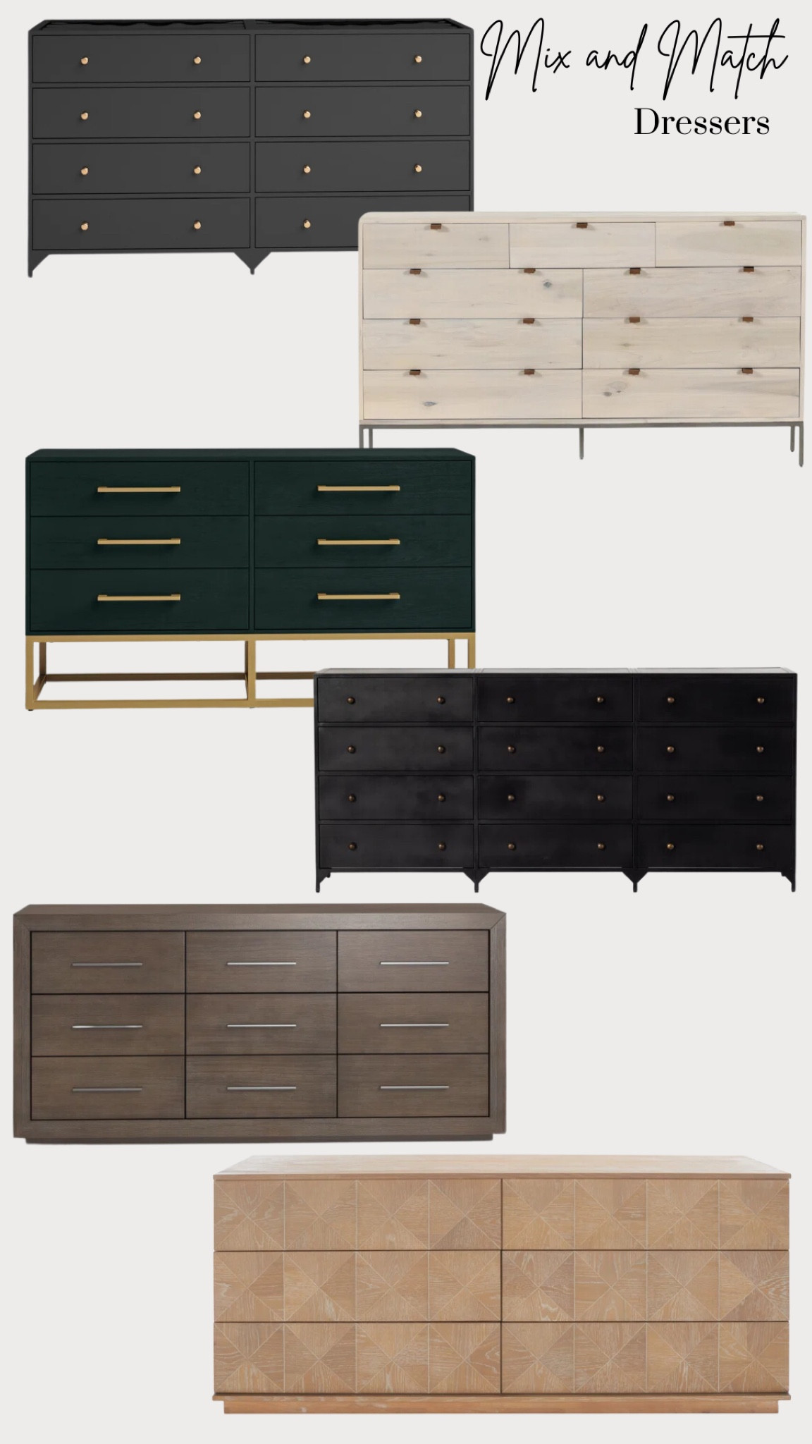 Mix and match dressers. Different wood tones, styles, and sizes.

#LTKhome