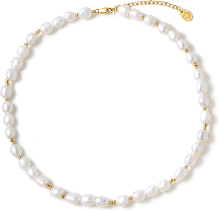 Gold Bead Baroque Pearl Necklace for Women, 8-12mm AAA Freshwater Pearls, 18K Gold PVD-Coated Adj... | Amazon (US)