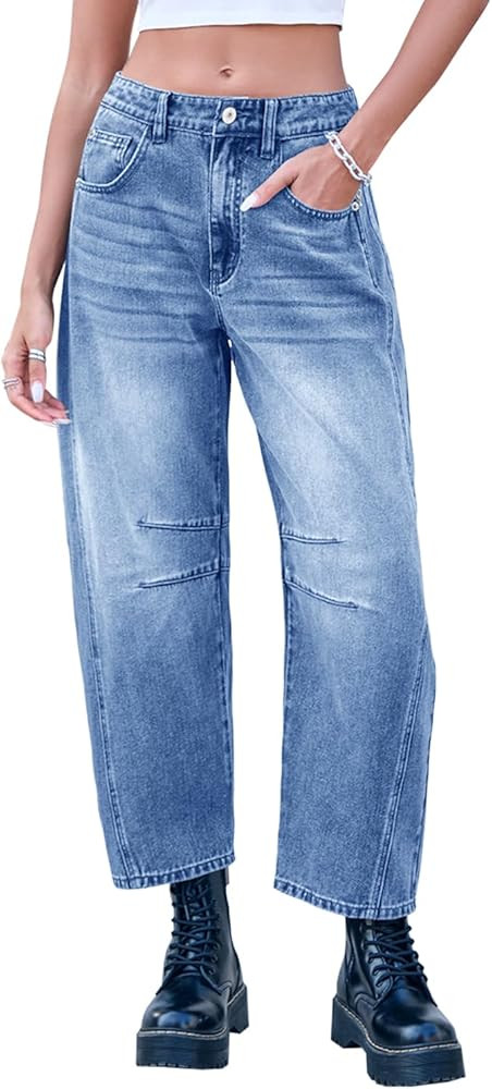 GREAIDEA Mid Rise Barrel Jeans for Women Wide Leg Mid Waist Cropped Denim Pants Y2k Baggy Boyfrie... | Amazon (US)