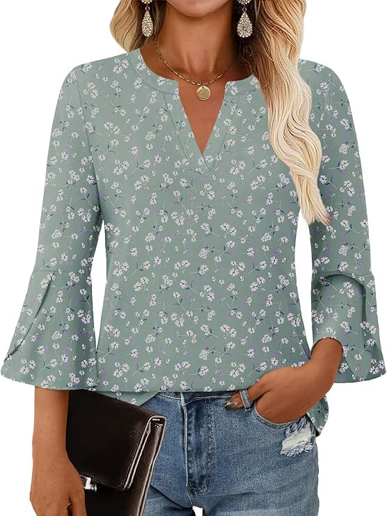 Women's Blouses Ruffle 3/4 Sleeve Dressy Top V Neck Casual Tunic Blouses Business Shirts S-XXL | Amazon (US)