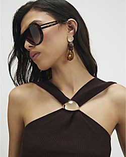 Brown Knitted Halter Neck Brooch Top | River Island UK & IE