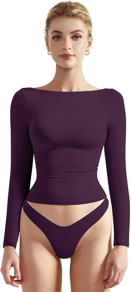 SUUKSESS Women Crew Neck Long Sleeve T Shirts Double Lined Tight Fitted Crop Top | Amazon (US)