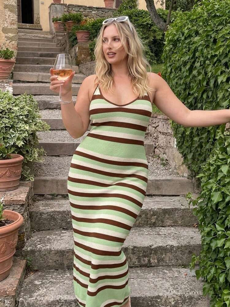 Auralis Women's Summer Crochet Green Striped Dress,Backless Bohemian Vacation Holiday Sommar,Eleg... | SHEIN