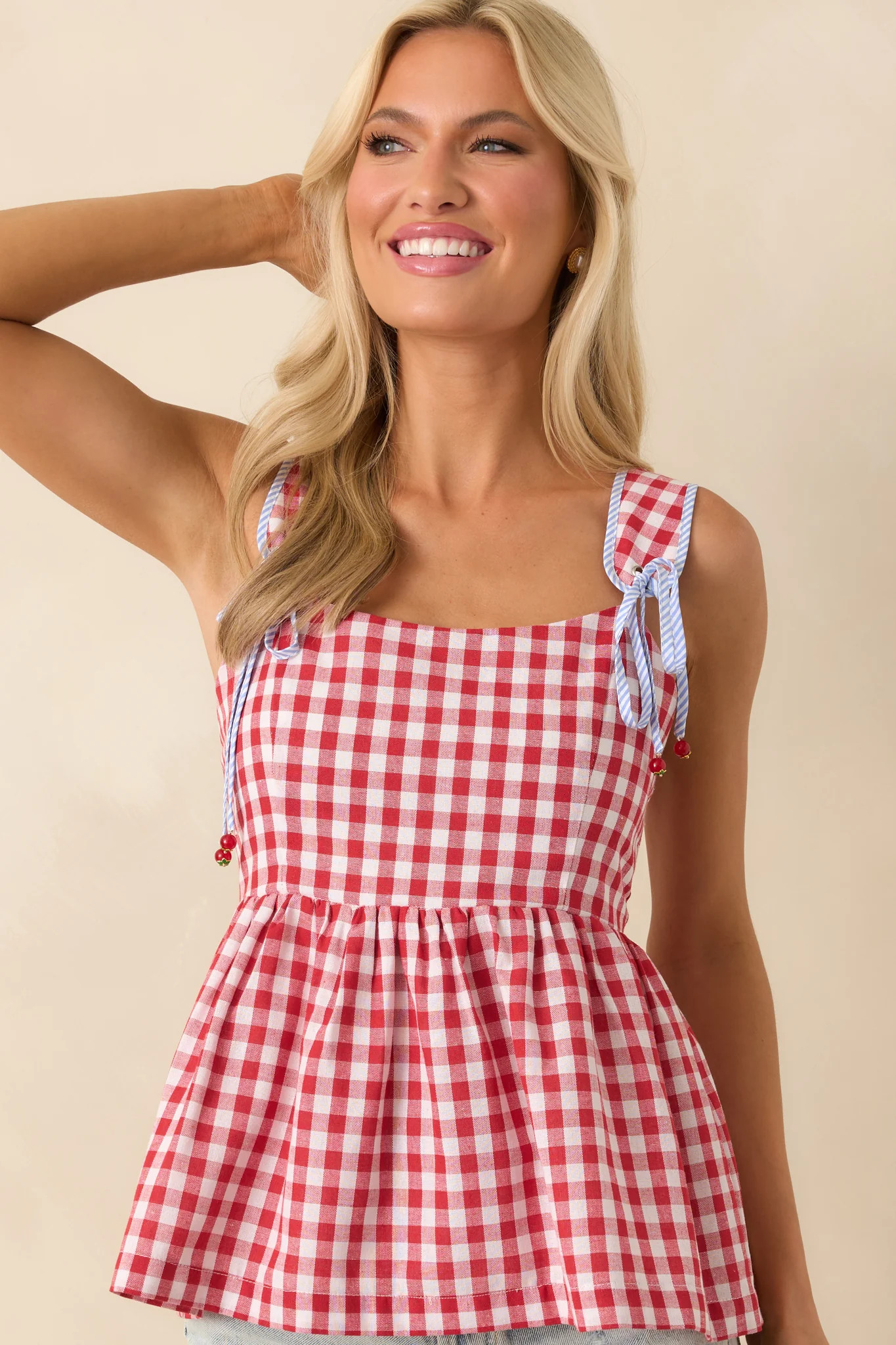 Prosperina Kacey Red Gingham Print Cotton Peplum Top | Red Dress
